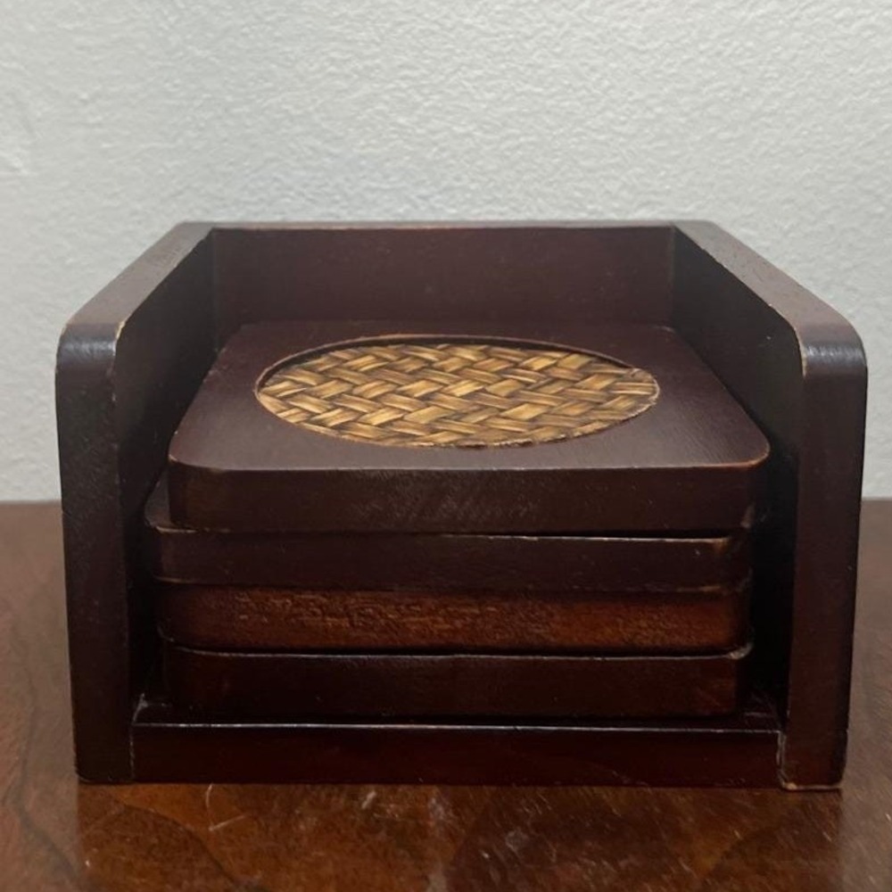 Vintage Brown Wicker & Wood Coaster Set with Holder 4pc - Boho Home Table Decor